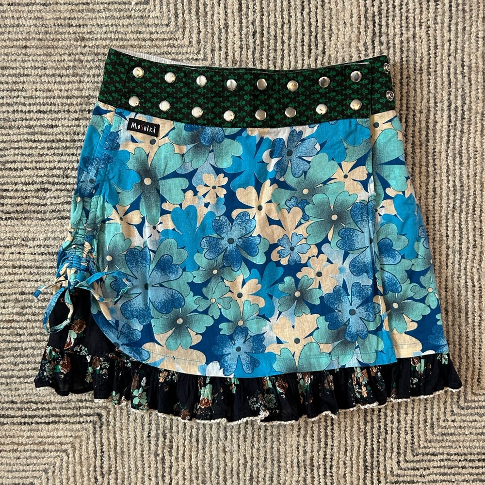 Moshiki Blue Floral Mini Skirt with Studded Waist Adjustable Small boho grunge
